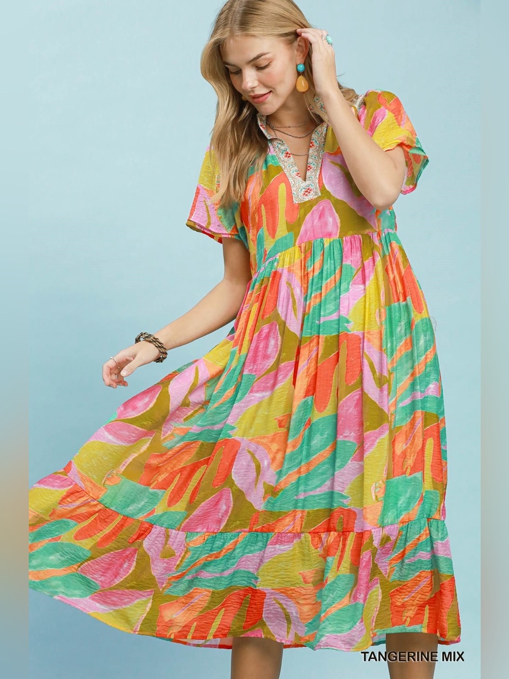 Umgee Abstract Tropical Print Tiered Midi Dress